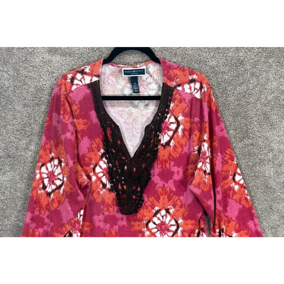 Karen Scott Top Womens 2X Pink Black Crochet Neckline 3/4 Sleeve Pullover Blouse - Picture 2 of 6